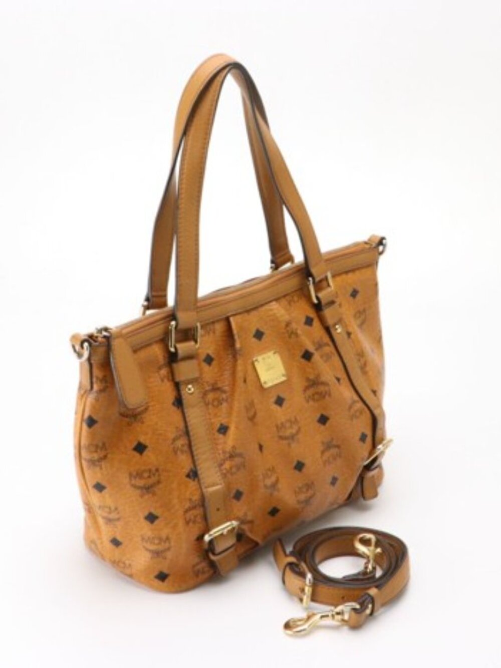 MCM -Pleated-zip-tote-bag-in-Cognac-Visetos-Canvas - Picture 2 of 7
